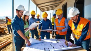 Construction team in West Valley City, Utah reviewing blueprints on-site, preparing for projects secured with bid, performance, and payment bonds.

