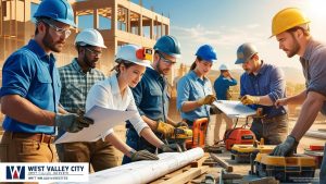 Group of West Valley City contractors collaborating with engineers at a job site, demonstrating teamwork and proper bonding for public infrastructure.


