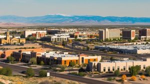 Aerial view of West Valley City, Utah commercial district with surrounding mountains, ideal for contractors pursuing bonded construction projects.

