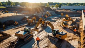 Multiple construction vehicles and crew members work efficiently on a civil infrastructure site in Wausau, Wisconsin, highlighting the importance of performance bonds in city-funded developments.