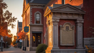 Historic Wauwatosa, Wisconsin marker in a brick streetscape at sunset, representing city heritage and municipal bonding requirements