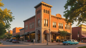 Classic red brick architecture in downtown Wauwatosa, WI with local businesses and pedestrians, symbolizing development tied to performance bonds.