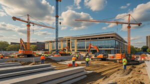 Active construction site in Wauwatosa, Wisconsin with cranes and excavators, highlighting government projects that require performance bonds.
