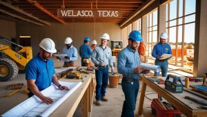 Interior construction site in Weslaco, Texas with builders and engineers in hard hats reviewing plans—representing licensed contractors using performance bonds for project security.

