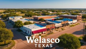 Aerial view of historic downtown Weslaco, Texas showcasing small business storefronts and wide streets, ideal for local contractors exploring performance bonds and city construction projects.

