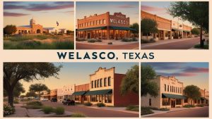 Collage of classic buildings and storefronts in Weslaco, Texas during sunset, reflecting the city’s commercial growth and the rising demand for performance bonds and guarantees for contractors.


