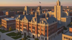 Aerial view of Milwaukee City Hall and surrounding downtown buildings during sunset in Wisconsin
