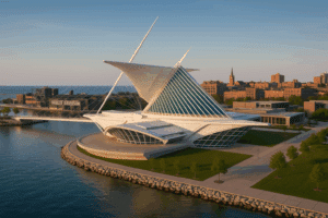 Milwaukee Art Museum with its iconic winged architecture overlooking Lake Michigan, with the Harley-Davidson Museum and Third Ward district in the background
