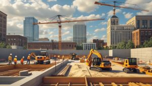 Urban construction site in downtown Milwaukee, WI with cranes, workers, and high-rise buildings in the background