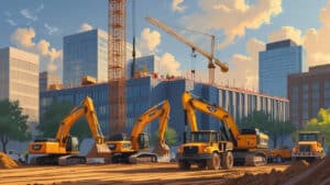 Construction machinery and crew working on a commercial building project in downtown Milwaukee, Wisconsin