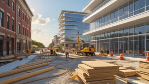 Modern commercial construction site in downtown Newport News, Virginia, with contractors and building materials in view