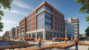 Urban redevelopment project underway in Newport News, VA, featuring glass office buildings and heavy machinery