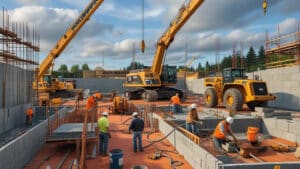 Construction workers and heavy machinery building a concrete foundation in Puyallup, WA—demonstrating real-world need for performance bond compliance on infrastructure jobs.