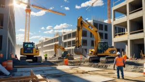 Commercial construction site in Puyallup, Washington with excavators and cranes in operation—highlighting the importance of performance bonds for city-approved projects.