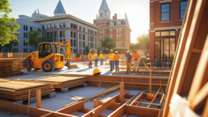 Construction crew and heavy machinery at a commercial building site in downtown Richmond, Virginia, illustrating the importance of performance bonds in urban development.