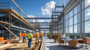 Construction workers and project managers collaborating inside a partially built commercial space in Richmond, VA, emphasizing performance bond compliance in modern building projects.