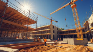Active construction site in Roanoke, Virginia with cranes, scaffolding, and construction workers under clear blue sky