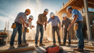 Construction workers in Spanish Fork, Utah collaborating on-site for a bonded building project under city development requirements.