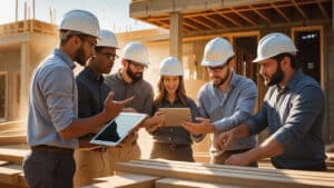 Spanish Fork, Utah contractors in hard hats reviewing building plans with tablets during a performance bond-backed commercial project.