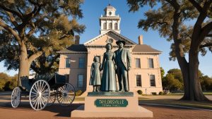 Historic Taylorsville Town Hall building with pioneer family statue and antique carriage in the foreground