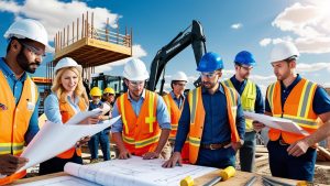 Group of construction workers and engineers reviewing blueprints at a Taylorsville, Utah job site