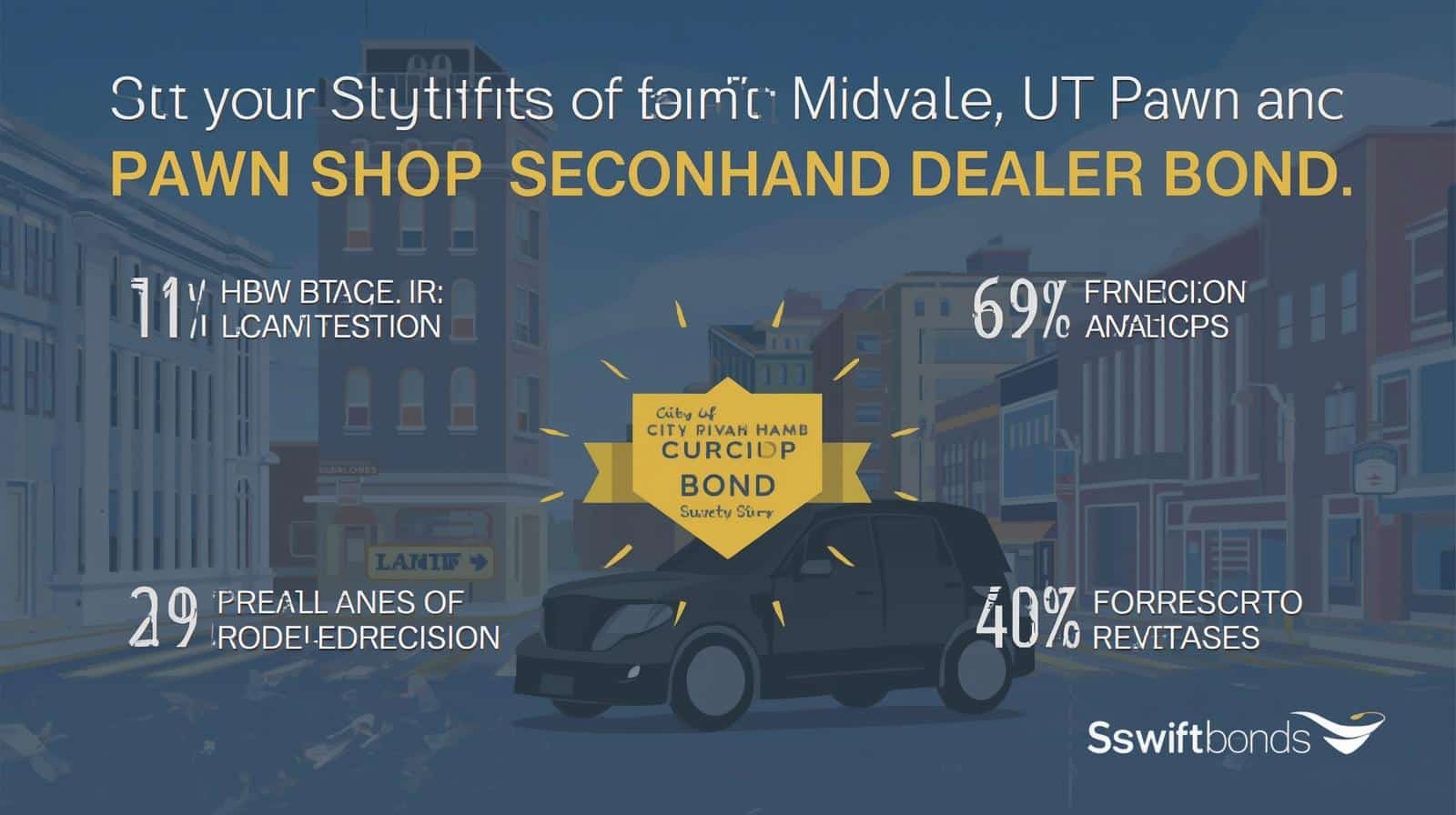 Illustration featuring a vehicle and city street backdrop highlighting compliance rates and benefits of the Midvale, UT Pawn Shop Secondhand Dealer Bond.