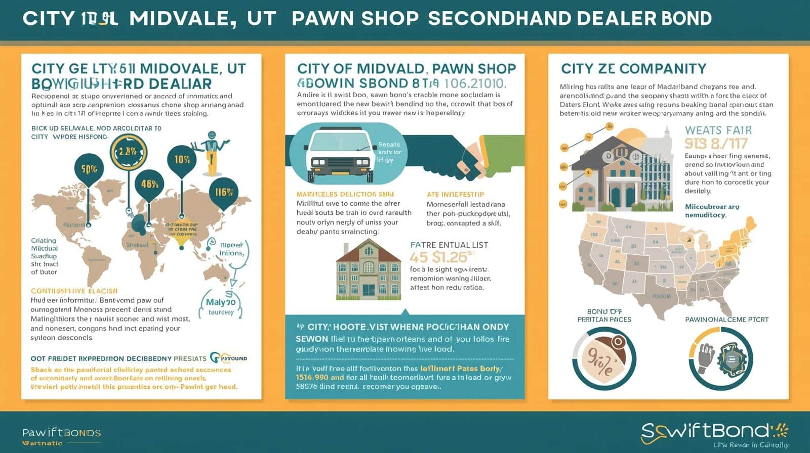Infographic explaining the purpose and requirements of the City of Midvale, UT Pawn Shop and Secondhand Dealer Bond, with key statistics and a U.S. map.