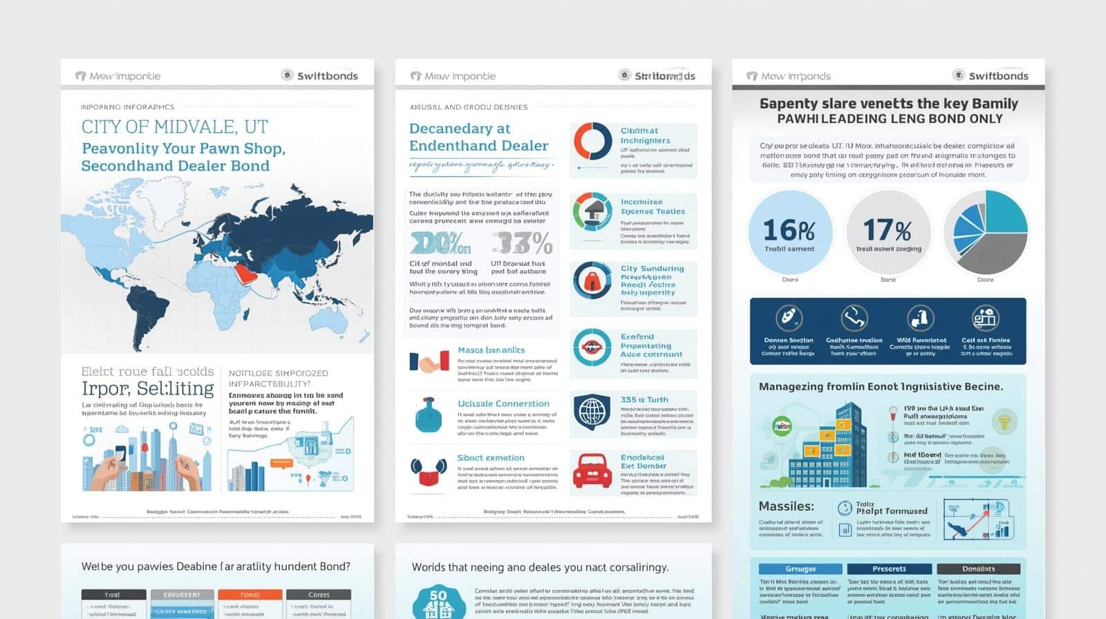 Visual guide showing global and local statistics related to pawn shop and secondhand dealer bonds, with percentage data and pie charts.
