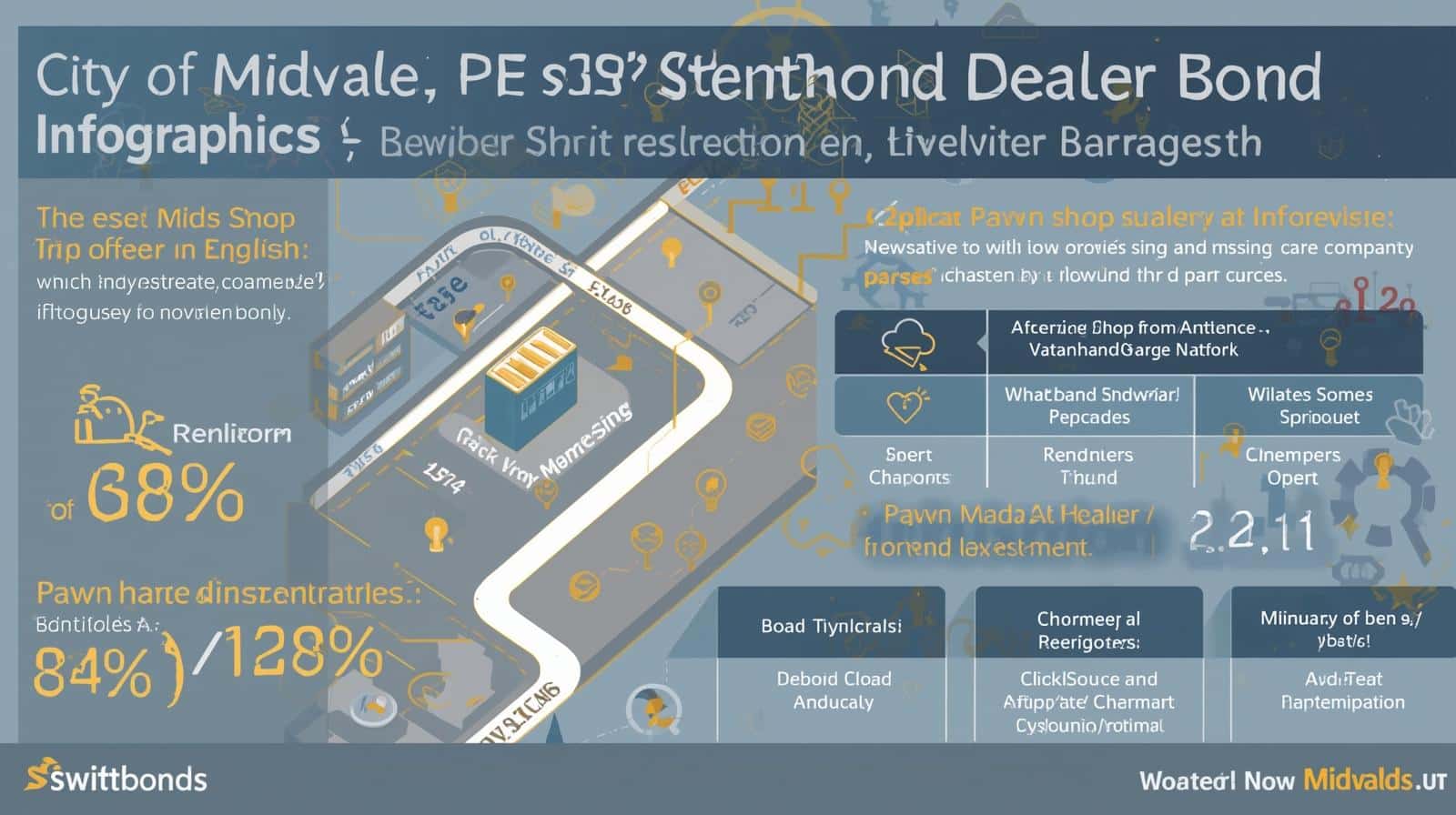 Street-map style infographic outlining the steps and locations related to obtaining a pawn shop or secondhand dealer bond in Midvale.