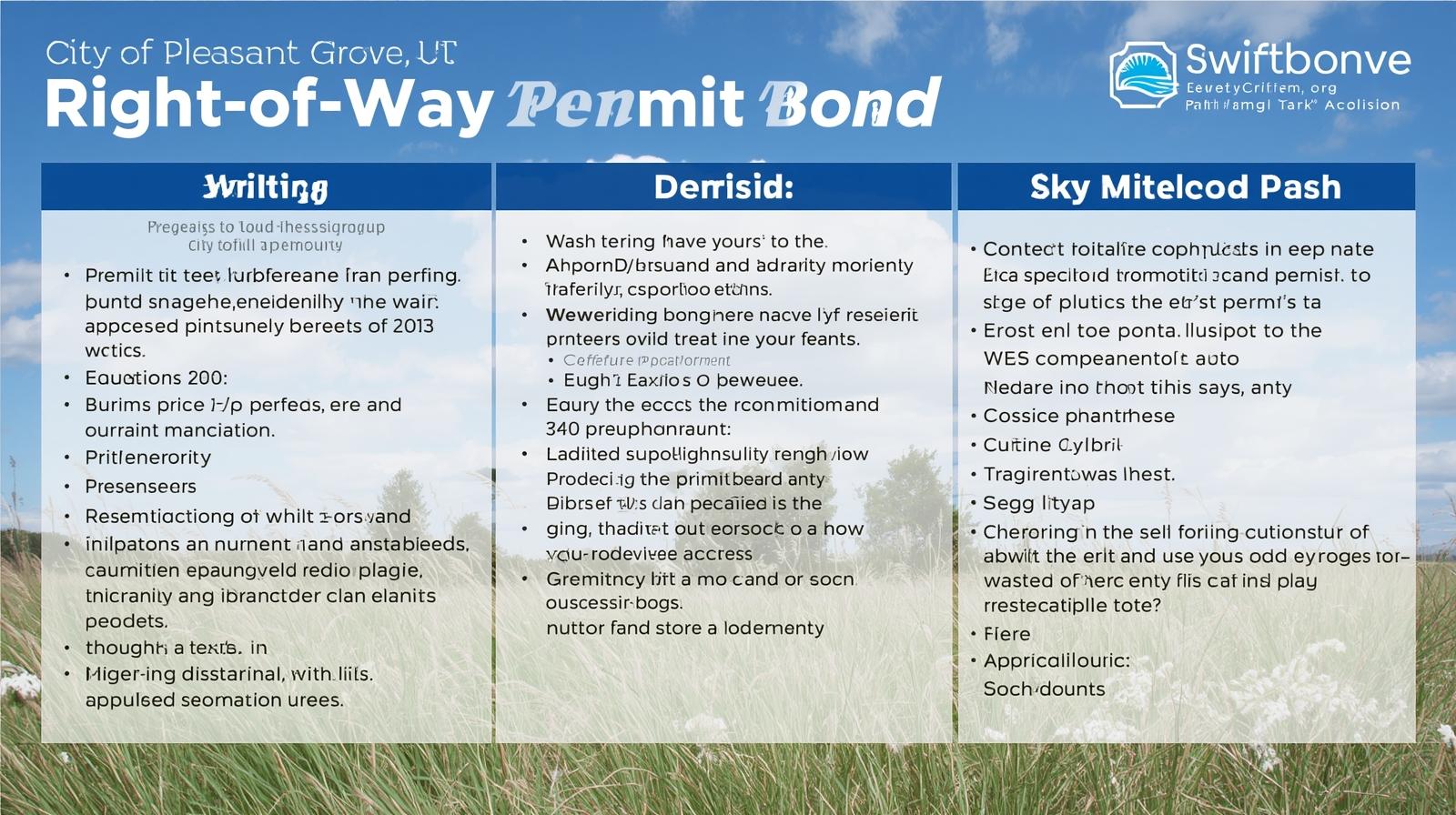 Graphic listing requirements, violations, and maintenance standards tied to Pleasant Grove’s right-of-way permits.