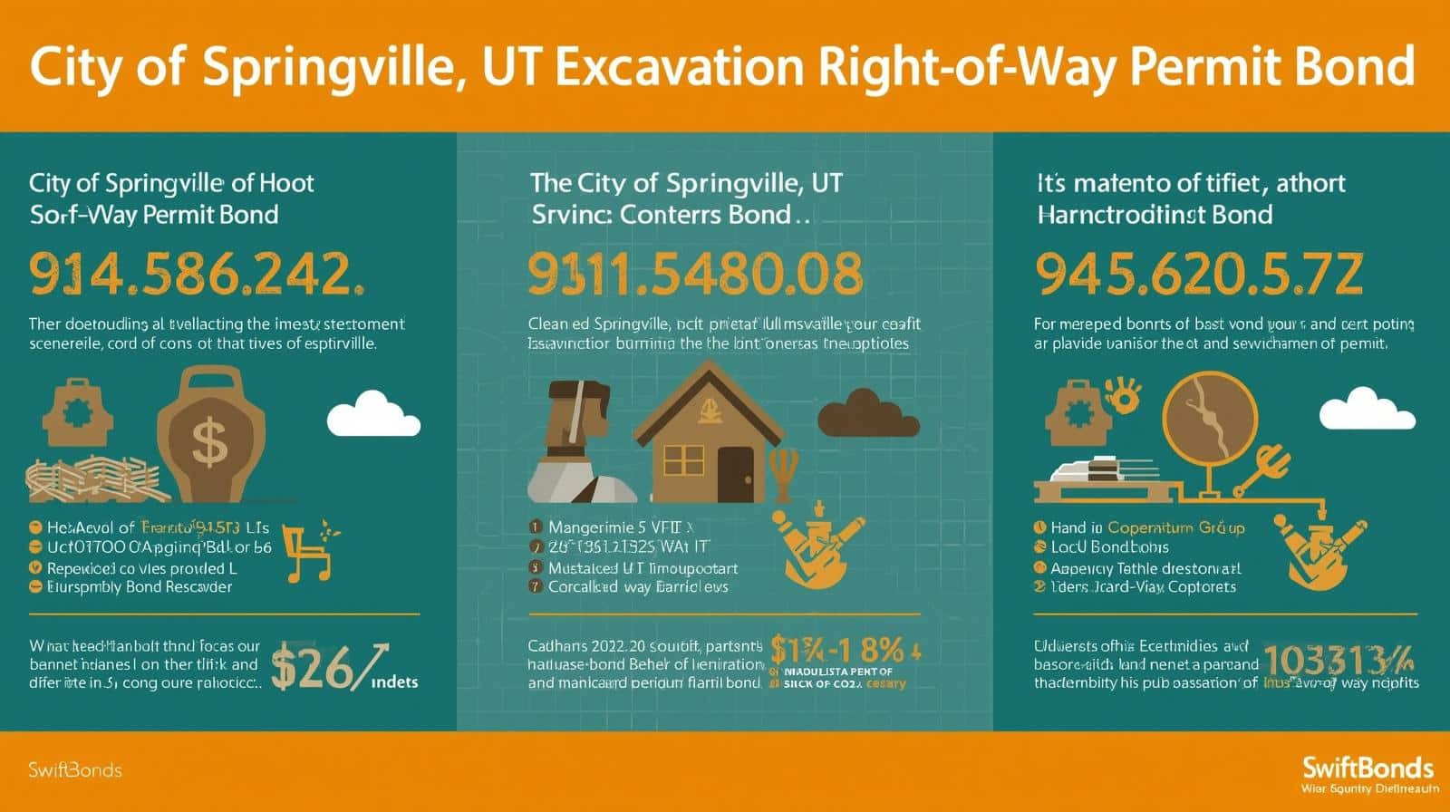 City of Springville UT Excavation Right-of-Way Permit Bond three-panel comparison showing bond amounts, statistics, and construction-themed icons on orange and teal background.
