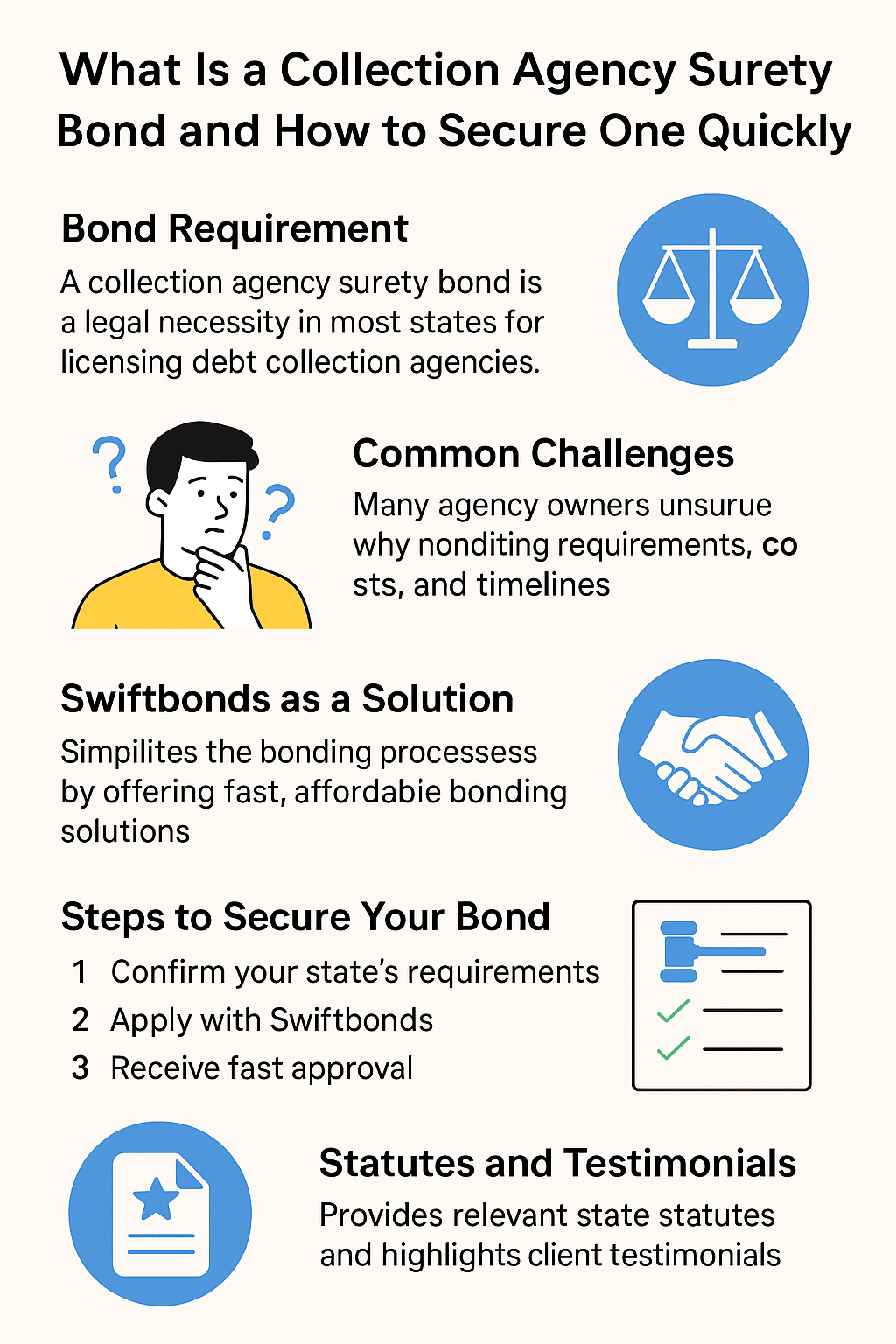 Infographic titled “What Is a Collection Agency Surety Bond and How to Secure One Quickly,” featuring sections on bond requirements, common challenges, Swiftbonds’ solutions, steps to secure a bond, and legal statutes with testimonials. Includes icons like scales of justice, a handshake, a thinking person, and a checklist.