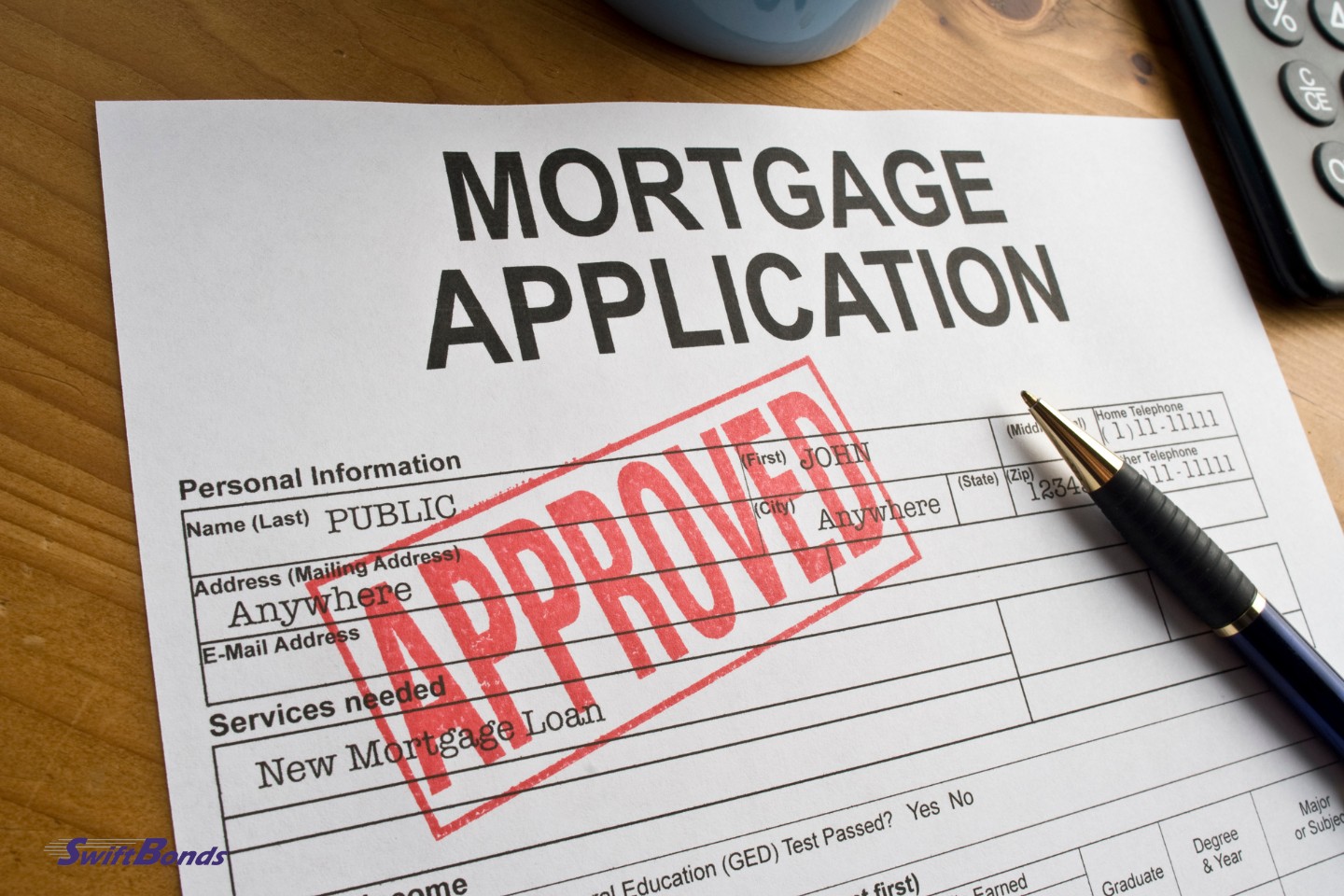 On a PC, the mortgage application is approved and stamped in red.