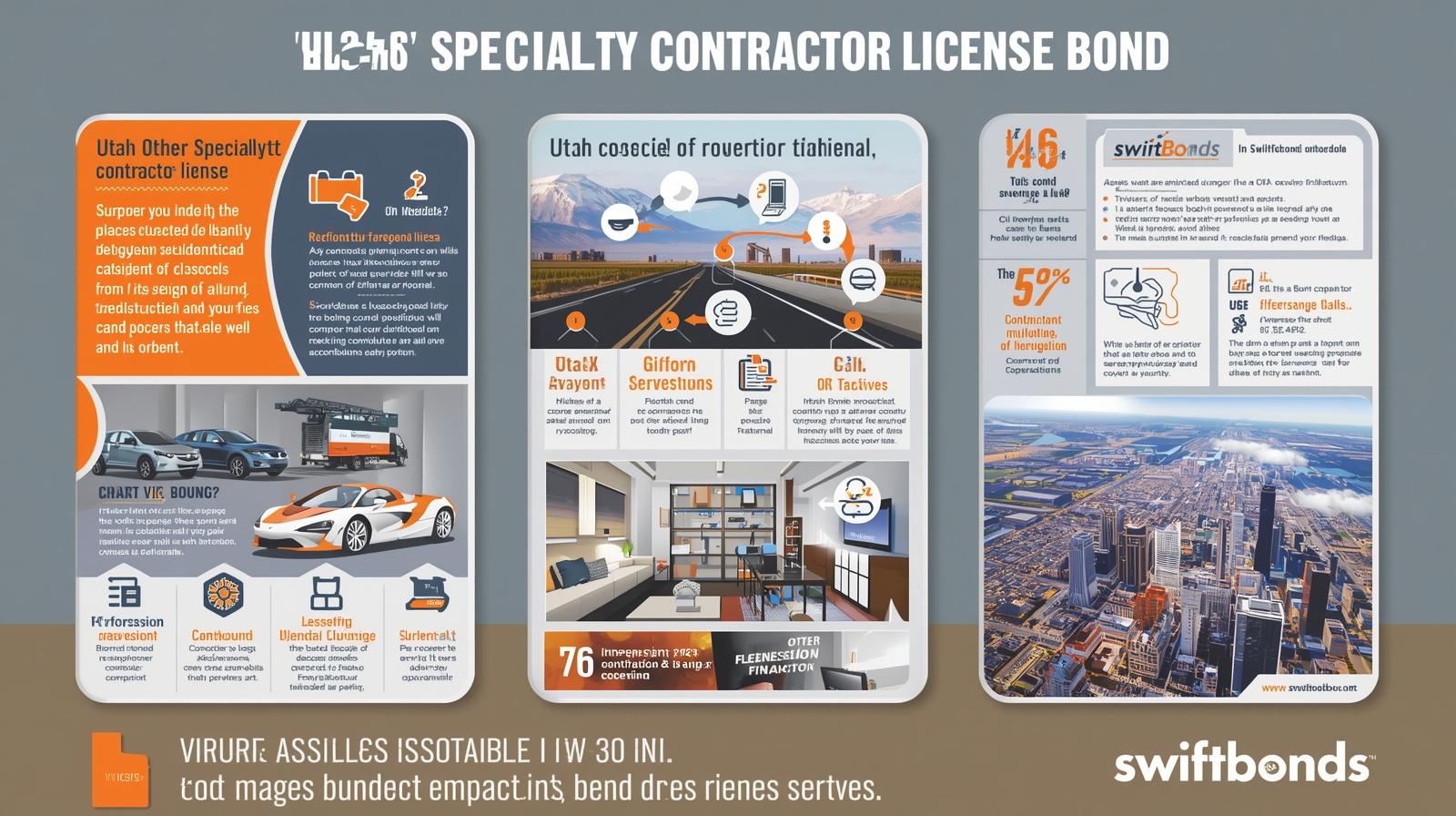 Visual guide showing Utah Other Specialty Contractor License categories with cars, buildings, and city landscape imagery.