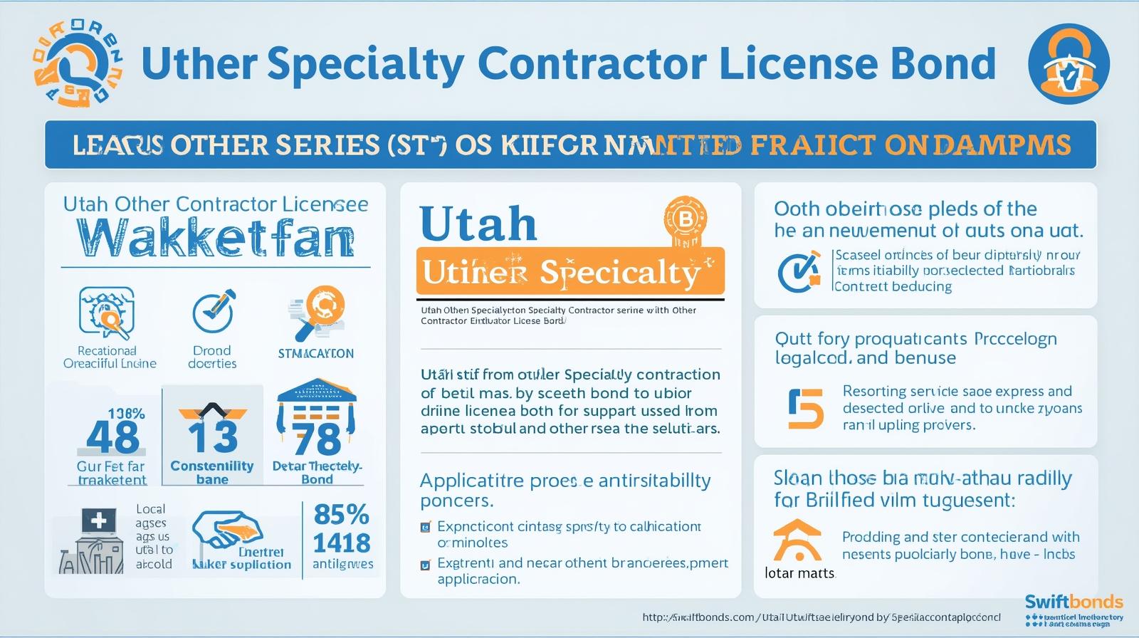 Infographic explaining Utah Other Specialty Contractor License Bond with statistics, icons, and application requirements.