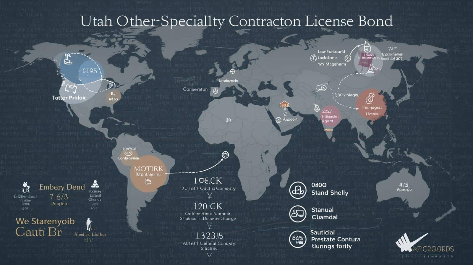 World map infographic illustrating Utah Other Specialty Contractor License Bond impact with global statistics and regions.