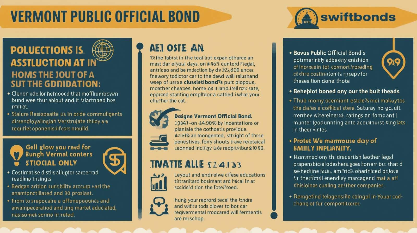 Infographic detailing Vermont Public Official Bond protections, uses, and financial safeguards.