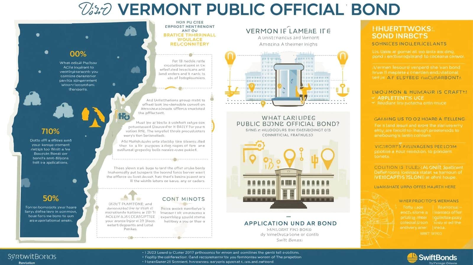 Infographic outlining Vermont Public Official Bond requirements, benefits, and application details.
