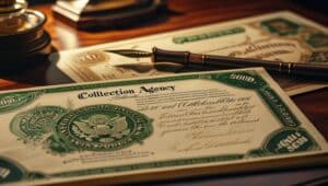 Stylized illustration of a collection agency bond document with decorative borders, an embossed seal, and formal legal text. The bond title is prominent in bold at the top, giving the document an official and ceremonial appearance.