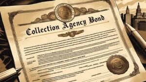 Close-up image of a vintage-style collection agency bond certificate in green and cream, featuring ornate details, the U.S. Eagle emblem, and an old-fashioned fountain pen resting beside it.