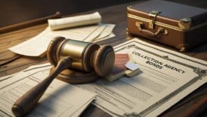 Professional desk setup featuring a gavel, legal paperwork, briefcase, and a document titled "Collection Agency Bonds," emphasizing legal preparation and compliance for collection agencies applying for licensing bonds.