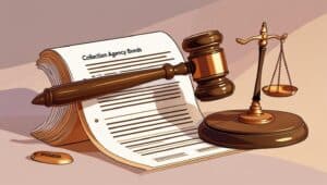 Illustration of legal documents titled "Collection Agency Bonds" with a judge’s gavel and scales of justice, symbolizing regulatory compliance, licensing requirements, and legal protection in the debt collection industry.