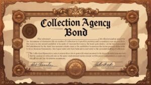 Vintage-style certificate labeled "Collection Agency Bond" with decorative borders and official seals, representing formal surety bonding for debt collection agency licensing and financial accountability.