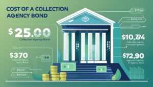 Visual graphic displaying the cost of a collection agency bond with symbolic elements like a courthouse, currency, and layered pricing from $25 to $10,734, highlighting various bond amounts and financial requirements for agencies.