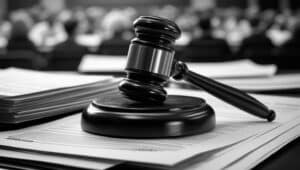 Black-and-white close-up of a judge’s gavel resting on a stack of legal documents in a courtroom setting, symbolizing the legal foundation and seriousness of collection agency bonds.