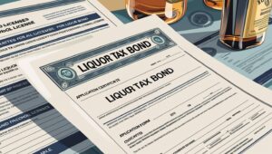 Close-up of official liquor tax bond documents spread across a desk, including application forms and certificates, with bottles of alcohol nearby. The papers are labeled “LIQUOR TAX BOND” in bold, emphasizing the licensing process for alcohol sales.