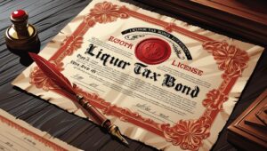 Stylized vintage liquor tax bond certificate with ornate red borders and a wax seal, placed on a wooden desk alongside a quill pen and stamp. The certificate prominently displays “Liquor Tax Bond” in elegant script, suggesting historical or formal licensing.