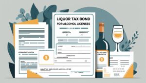 Modern illustrated scene showing various alcohol license application documents, including a “LIQUOR TAX BOND FOR ALCOHOL LICENSES” form, a wine bottle, and a glass. The layout is clean and stylized, representing the contemporary licensing process.