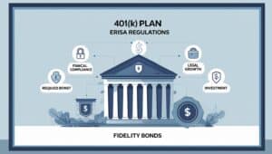 Visual of 401(k) plan ERISA regulations highlighting required bonds, fiduciary compliance, legal growth, and investment protection under fidelity bonds.