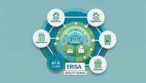 Diagram connecting 401(k) plans, ERISA regulations, bonds, and fiduciary compliance to show the role of fidelity bonds in protecting retirement savings